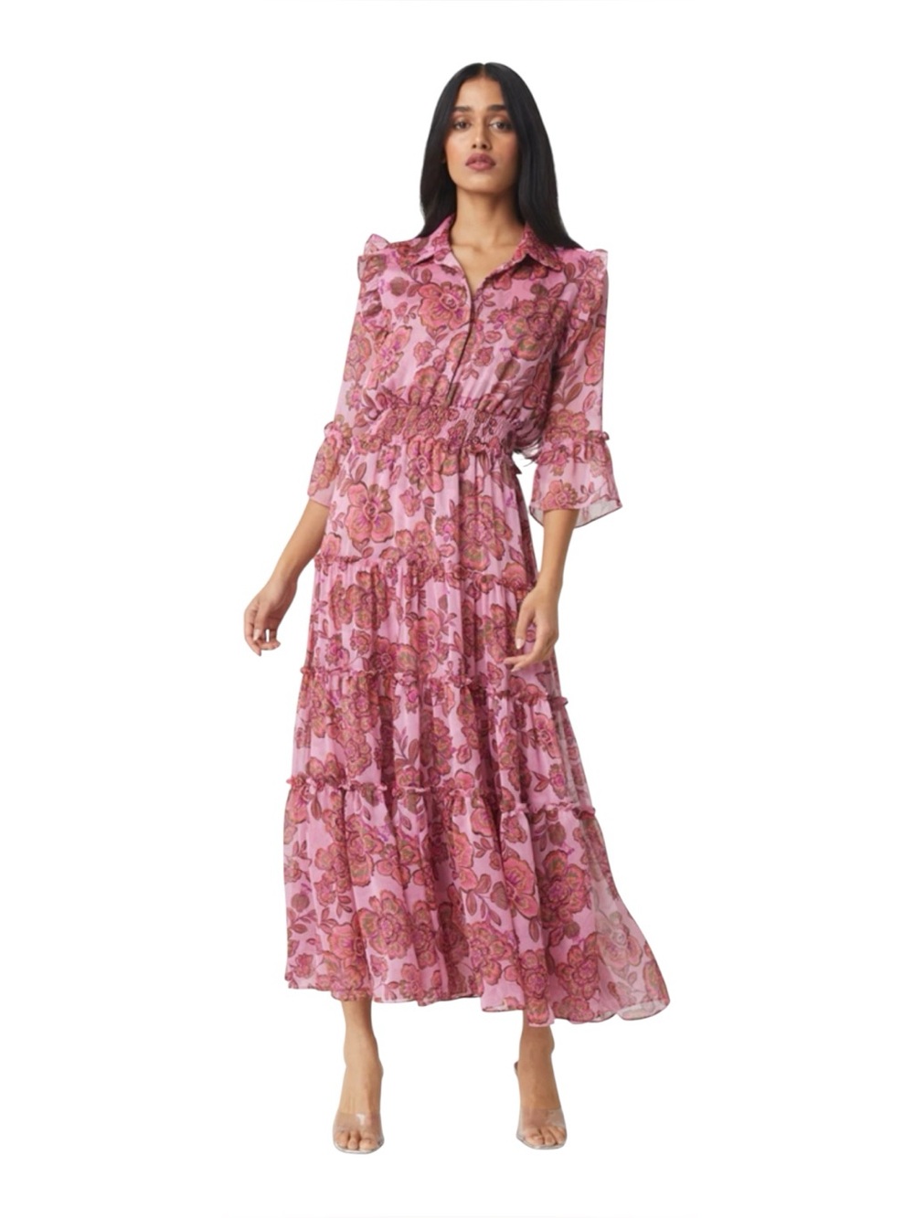 Misa Los Angeles Pamelina Midi Dress Amaranth Flora Size Small Tiered Chiffon